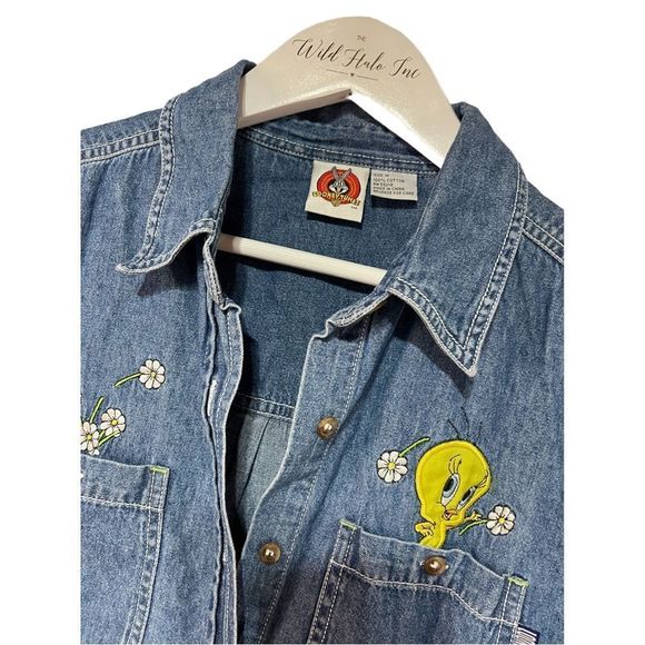 Looney Tunes Vintage Sleeveless Denim Top 90’s Tweety Bird Medium EUC - Picture 2 of 12